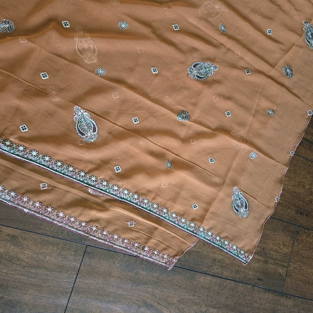 Embroidered Salwar Kameez Dupatta Long Scarf Cotton Silk Brown Party Wear Dress - Picture 12 of 13